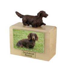 Wooden Pet Urn with Walking Bronze Dachshund Figurine & 4x6 Inches Photo Holder