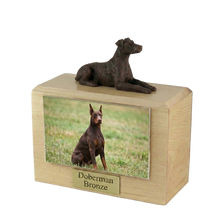 Wooden Pet Urn with Bronze Doberman Ears-Down Figurine & 4x6 Inches Photo Holder