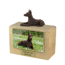 Wooden Pet Urn with Bronze Doberman Ears-Up Figurine & 4x6 Inches Photo Holder