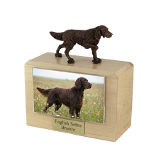 Wooden Pet Urn with Walking Bronze English Setter Figurine & 4x6 Inches Photo Holder