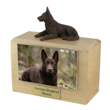 Wooden Pet Urn with Lying Down Bronze German Shepherd Figurine & 4x6 Inches Photo Holder