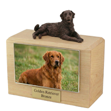 Wooden Pet Urn with Lying Down Bronze Golden Retriever Figurine & 4x6 Inches Photo Holder