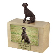 Wooden Pet Urn with Sitting Bronze Great Dane Ears-Down Figurine & 4x6 Inches Photo Holder