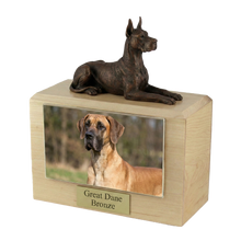 Wooden Pet Urn with Lying Down Bronze Great Dane Ears-Up Figurine & 4x6 Inches Photo Holder