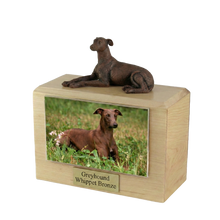 Wooden Pet Urn with Lying Down Bronze Greyhound Whippet Figurine & 4x6 Inches Photo Holder