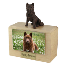 Wooden Pet Urn with Sitting Bronze Husky Figurine & 4x6 Inches Photo Holder