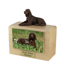 Wooden Pet Urn with Lying Down Bronze Irish Setter Figurine & 4x6 Inches Photo Holder