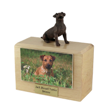 Wooden Pet Urn with Sitting Bronze Jack Russel Terrier Figurine & 4x6 Inches Photo Holder
