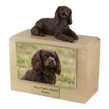 Wooden Pet Urn with Lying Down Bronze King Charles Spaniel Figurine & 4x6 Inches Photo Holder