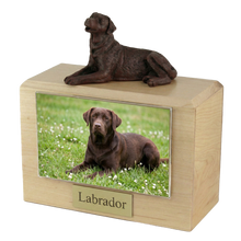 Wooden Pet Urn with Lying Down Bronze Labrador Figurine & 4x6 Inches Photo Holder