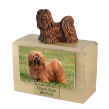 Wooden Pet Urn with Standing Bronze Lhasa Apso Figurine & 4x6 Inches Photo Holder