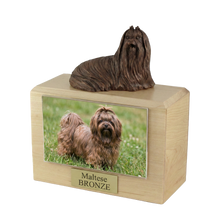 Wooden Pet Urn with Lying Down Bronze Maltese Figurine & 4x6 Inches Photo Holder