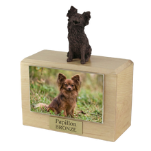 Wooden Pet Urn with Sitting Bronze Papillon Figurine & 4x6 Inches Photo Holder