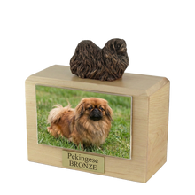 Wooden Pet Urn with Standing Bronze Pekingese Figurine & 3.5x5 Inches Photo Holder