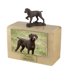 Wooden Pet Urn with Walking Bronze Pointer Figurine & 4x6 Inches Photo Holder