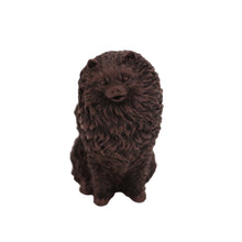 Wooden Pet Urn with Sitting Bronze Pomeranian Figurine & 4x6 Inches Photo Holder