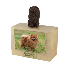 Wooden Pet Urn with Sitting Bronze Pomeranian Figurine & 4x6 Inches Photo Holder