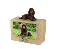 Wooden Pet Urn with Lying Down Bronze Poodle Figurine & 4x6 Inches Photo Holder