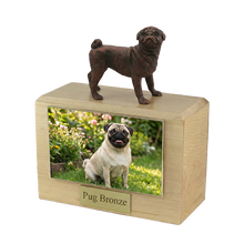Wooden Pet Urn with Standing Bronze Pug Figurine & 4x6 Inches Photo Holder