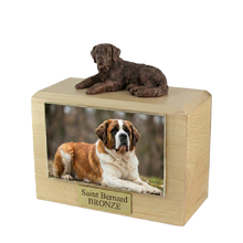 Wooden Pet Urn with Lying Down Bronze Saint Bernard Figurine & 4x6 Inches Photo Holder