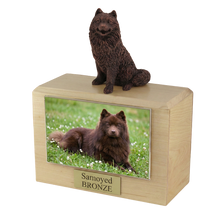 Wooden Pet Urn with Sitting Bronze Samoyed Figurine & 4x6 Inches Photo Holder
