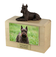 Wooden Pet Urn with Lying Down Bronze Schnauzer Ears-Up Figurine & 4x6 Inches Photo Holder