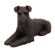 Wooden Pet Urn with Lying Down Bronze Schnauzer Ears-Down Figurine & 4x6 Inches Photo Holder