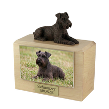 Wooden Pet Urn with Lying Down Bronze Schnauzer Ears-Down Figurine & 4x6 Inches Photo Holder