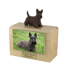 Wooden Pet Urn with Standing Bronze Scottish Terrier Figurine & 4x6 Inches Photo Holder