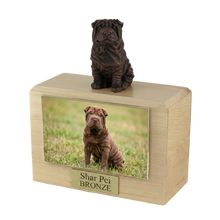 Wooden Pet Urn with Sitting Bronze Shar Pei Figurine & 4x6 Inches Photo Holder