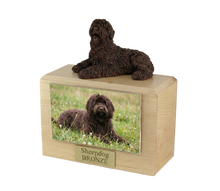 Wooden Pet Urn with Lying Down Bronze Sheepdog Figurine & 4x6 Inches Photo Holder