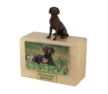 Wooden Pet Urn with Sitting Bronze Weimaraner Figurine & 4x6 Inches Photo Holder