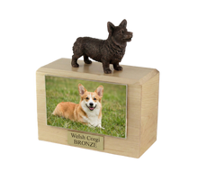 Wooden Pet Urn with Standing Bronze Welsh Corgi Figurine & 4x6 Inches Photo Holder