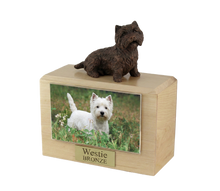 Wooden Pet Urn with Sitting Bronze Westie Figurine & 4x6 Inches Photo Holder