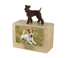 Wooden Pet Urn with Standing Bronze Fox Terrier Figurine & 4x6 Inches Photo Holder