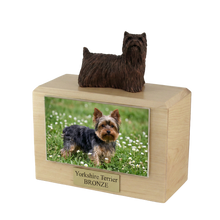 Wooden Pet Urn with Standing Bronze Yorkshire Terrier Figurine & 4x6 Inches Photo Holder