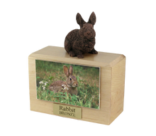 Wooden Pet Urn with Sitting Bronze Rabbit Figurine & 4x6 Inches Photo Holder