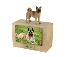 Wooden Pet Urn with Standing Fawn Akita Figurine & 4x6 Inches Photo Holder