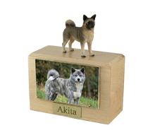 Wooden Pet Urn with Standing Gray Akita Figurine & 4x6 Inches Photo Holder
