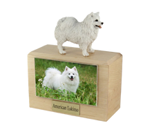 Wooden Pet Urn with Standing American Eskimo Figurine & 4x6 Inches Photo Holder