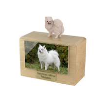 Wooden Pet Urn with Standing American Eskimo Miniature Figurine & 4x6 Inches Photo Holder