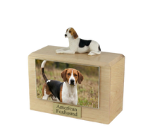 Wooden Pet Urn with Lying Down American Foxhound Figurine & 4x6 Inches Photo Holder