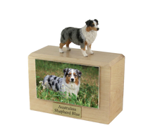 Wooden Pet Urn with Standing Blue Docked Australian Shepherd Figurine & 4x6 Inches Photo Holder