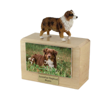 Wooden Pet Urn with Standing Brown Australian Shepherd Figurine & 4x6 Inches Photo Holder