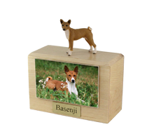 Wooden Pet Urn with Standing Basenji Figurine & 4x6 Inches Photo Holder