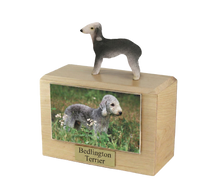 Wooden Pet Urn with Standing Dark Gray & Cream Bedlington Terrier Figurine & 4x6 Inches Photo Holder