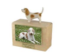 Wooden Pet Urn with Standing Basset Griffon Vendeen Figurine & 4x6 Inches Photo Holder