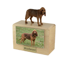 Wooden Pet Urn with Standing Bloodhound Figurine & 4x6 Inches Photo Holder