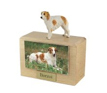 Wooden Pet Urn with Standing White and Brown Borzoi Figurine & 4x6 Inches Photo Holder