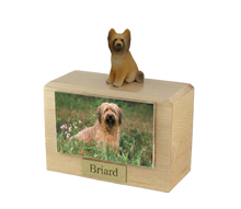 Wooden Pet Urn with Sitting Briard Figurine & 4x6 Inches Photo Holder
